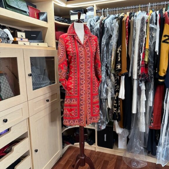 Biya Red Silk Printed Coat Size Extra Small - Picture 2 of 9